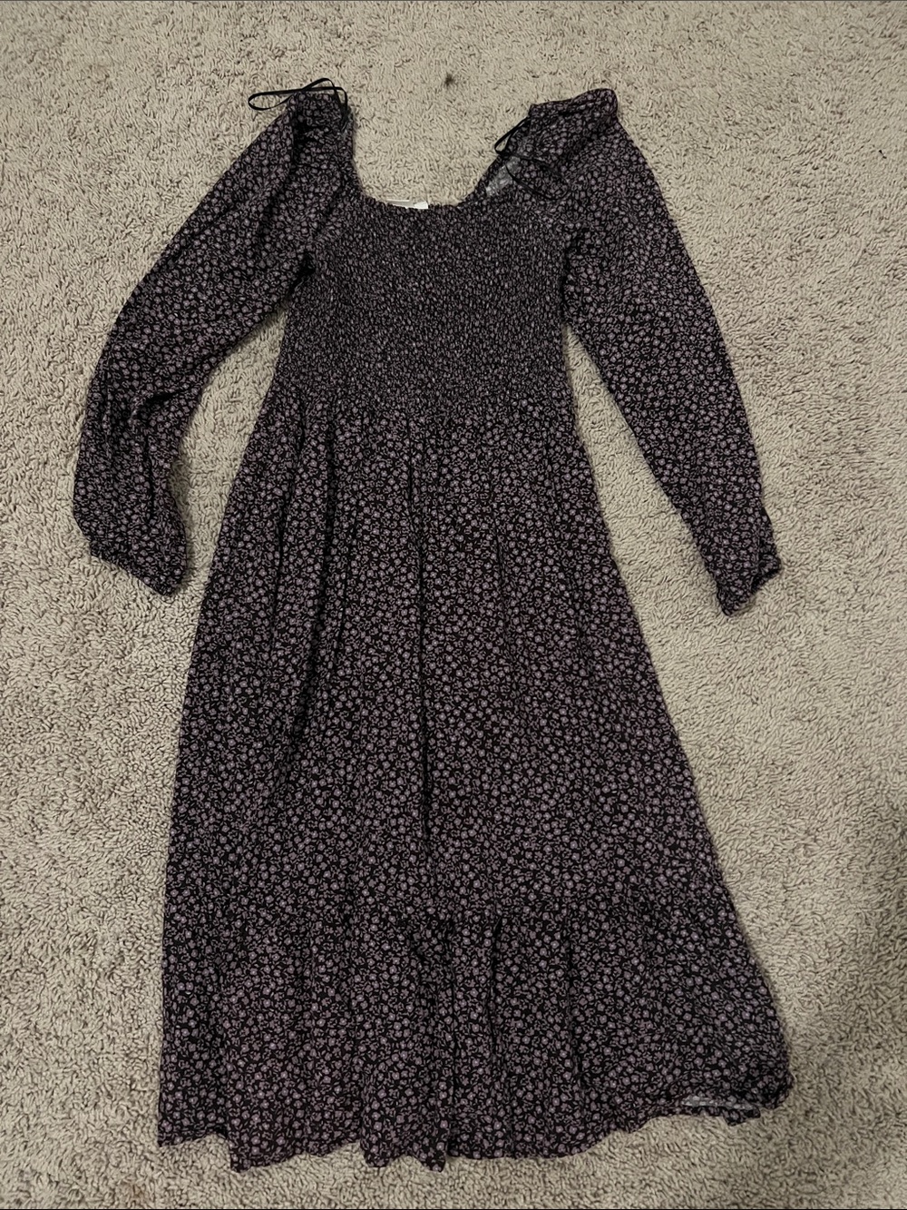 Boho Smocked Midi Dress in Black Floral